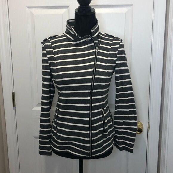 Market & Spruce gray and white striped zip front jacket size medium - Picture 1 of 15